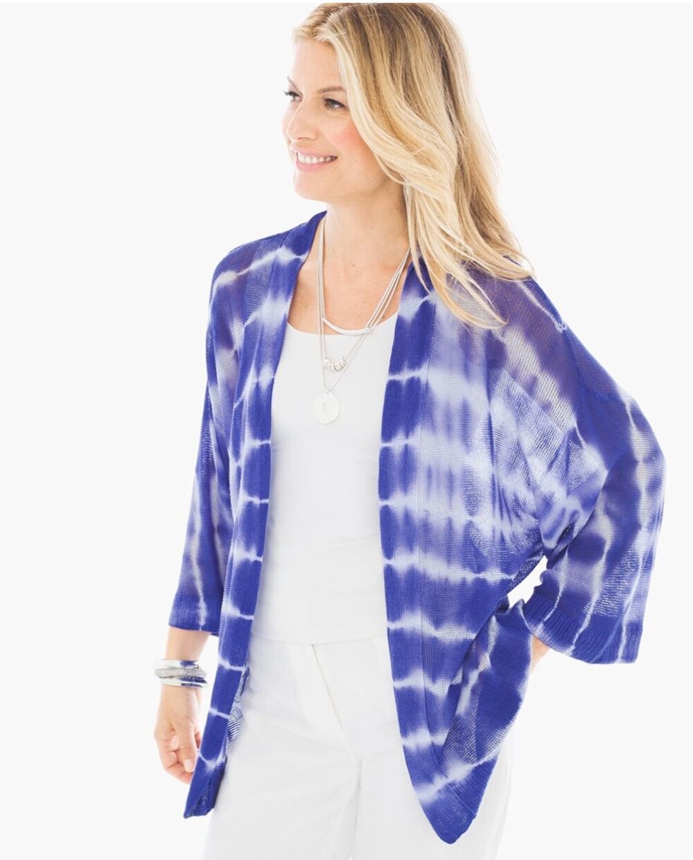 CHICO'S NWT Farida Blue Tie Dye Lightweight 100% Linen Open Cardigan // S